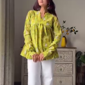 Lime Green Floral Printed Peplum Kurti with White Trousers | Breezy Everyday Ethnic Wear