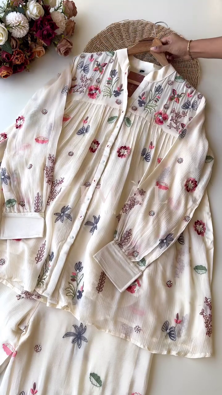 Floral Embroidered Co-ord Set – Soft Ivory Pleated Top & Trousers | ZIVARA - Image 2