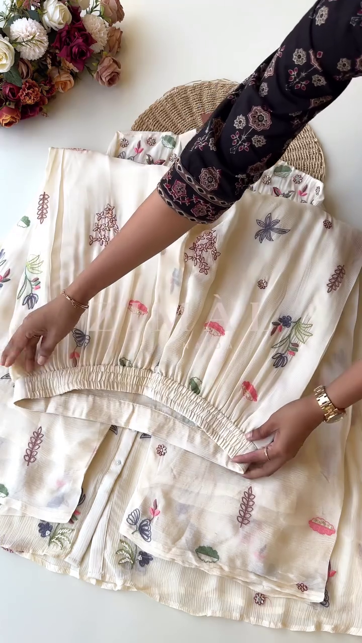 Floral Embroidered Co-ord Set – Soft Ivory Pleated Top & Trousers | ZIVARA - Image 3