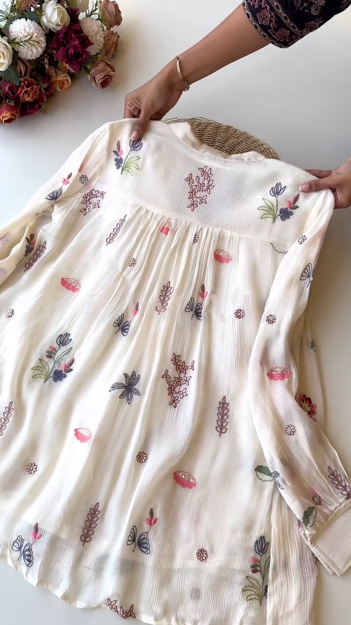 Floral Embroidered Co-ord Set – Soft Ivory Pleated Top & Trousers | ZIVARA - Image 4