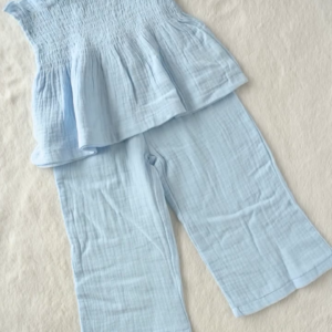Light Blue Cotton Co-ord Set – Smocked Tie-Up Top & Wide-Leg Pants | Summer Collection