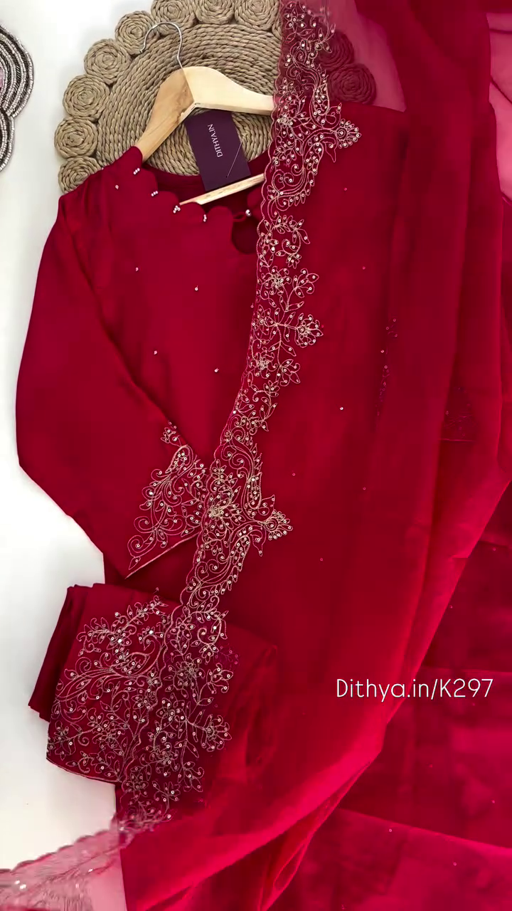 Elegant Red Georgette Suit Set with Hand Embroidery & Net Dupatta | Festive Wear