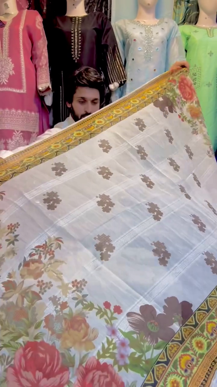 White Embroidered Kurti Set with Floral Sleeves, Matching Pants & Dupatta | Elegant 3-Piece Cotton Ensemble - Image 2