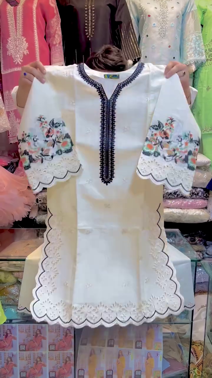 White Embroidered Kurti Set with Floral Sleeves, Matching Pants & Dupatta | Elegant 3-Piece Cotton Ensemble