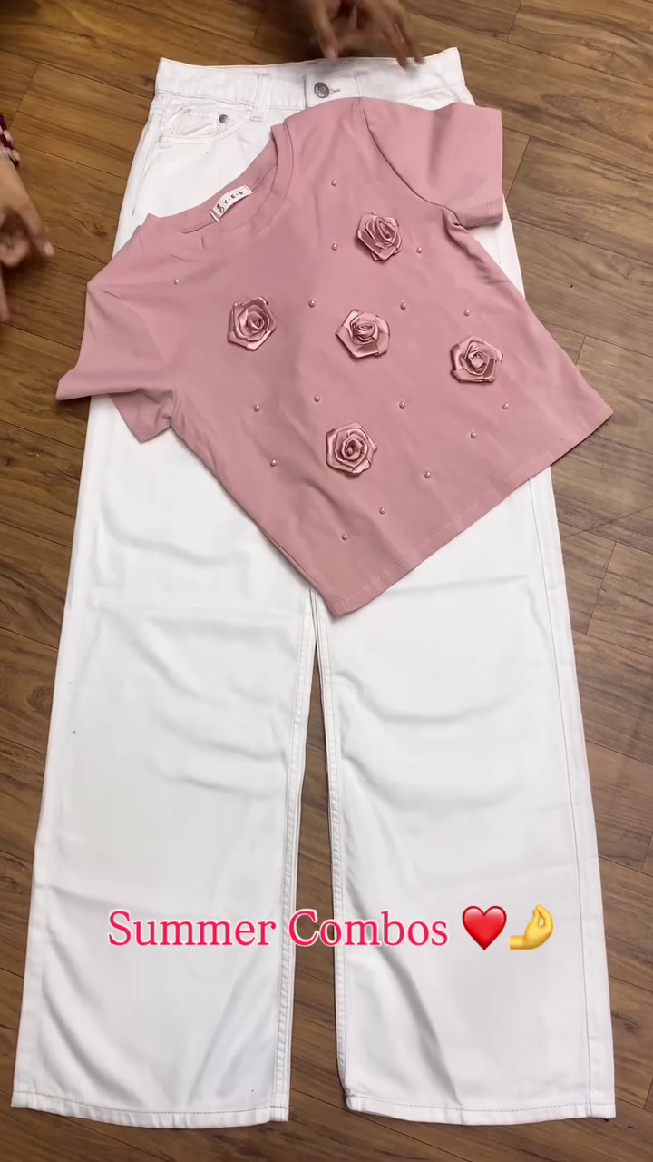 Women's Summer Combo Set – Smocked Puff Sleeve Top & Wide-Leg Jeans | 6 Color Options