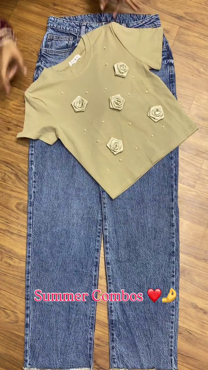 Women's Summer Combo Set – Smocked Puff Sleeve Top & Wide-Leg Jeans | 6 Color Options - Image 6