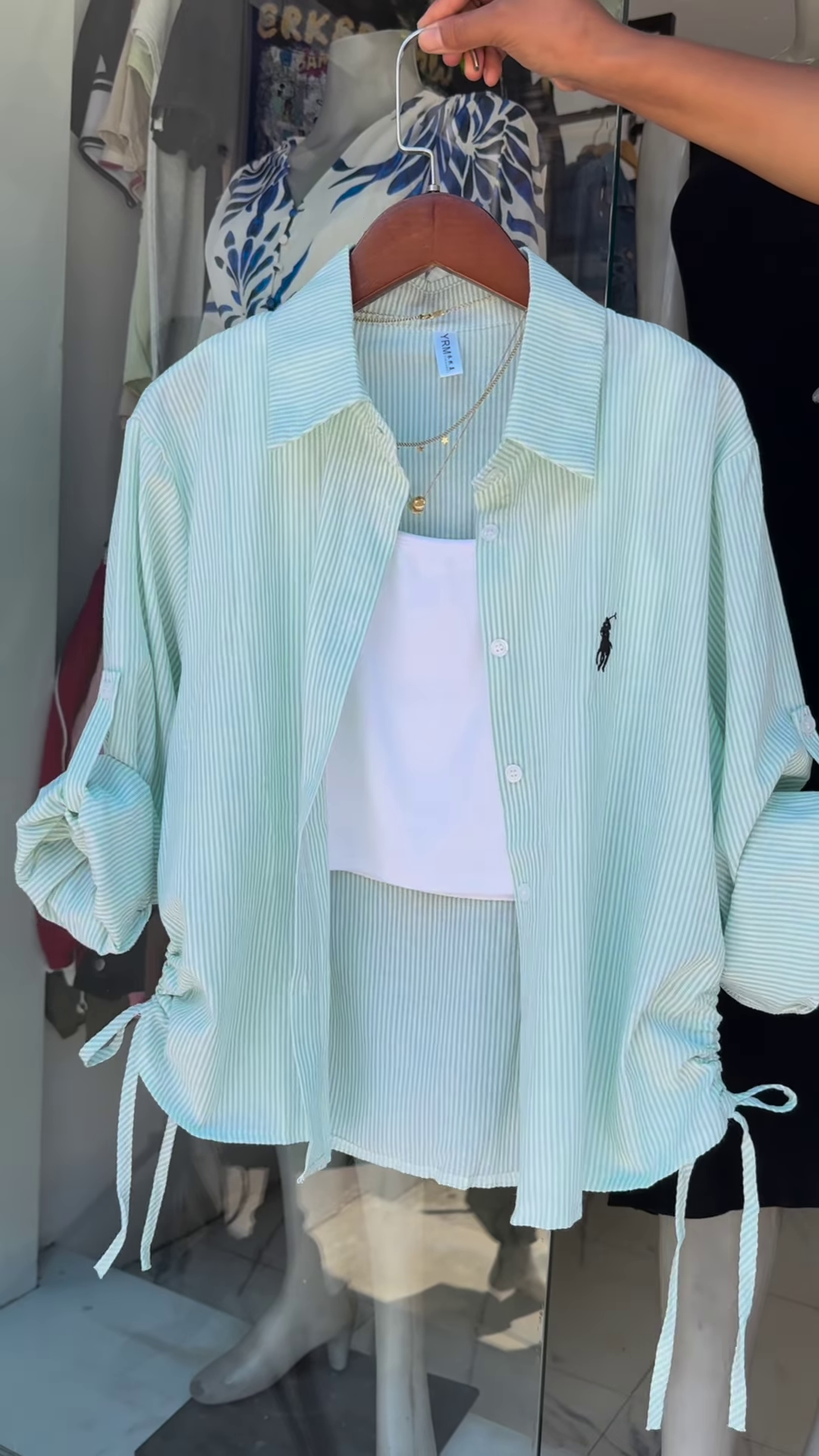 Casual Pink Pinstripe Button-Down Shirt with Ruched Side Detail - Image 7