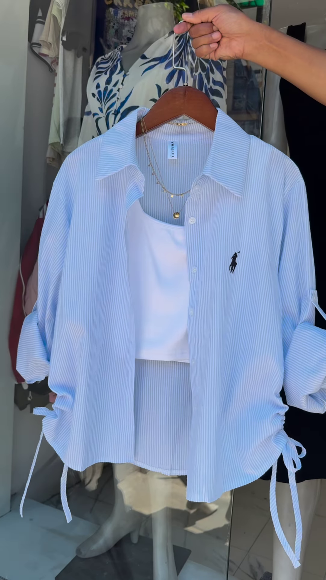 Casual Pink Pinstripe Button-Down Shirt with Ruched Side Detail - Image 6