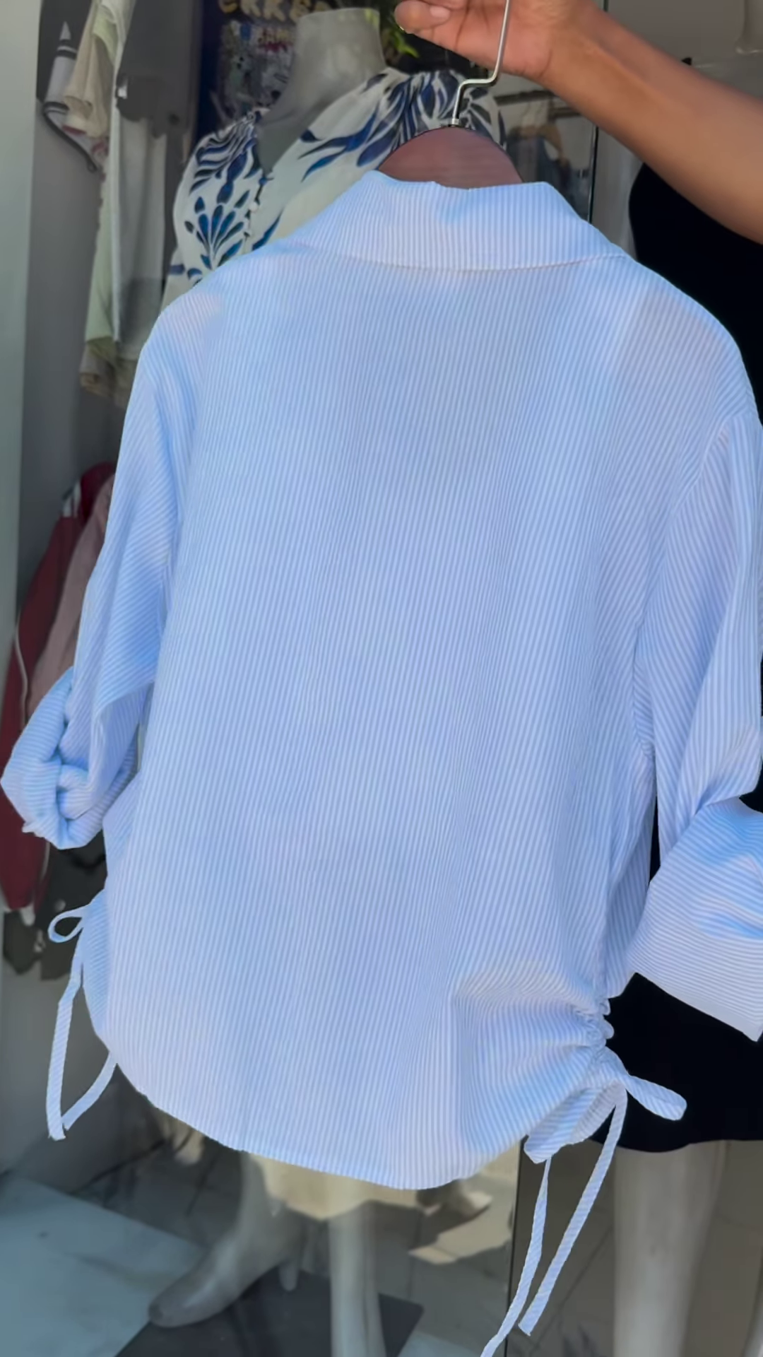 Casual Pink Pinstripe Button-Down Shirt with Ruched Side Detail - Image 5