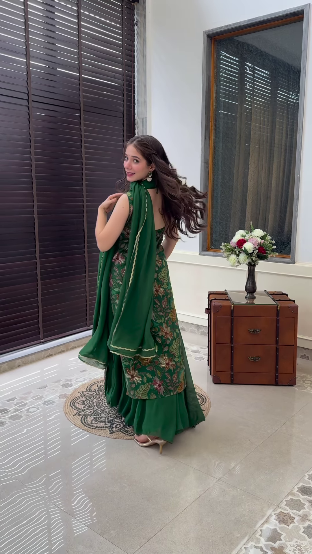 Forest Green Floral Embroidered Sharara Set with Organza Dupatta - Image 5