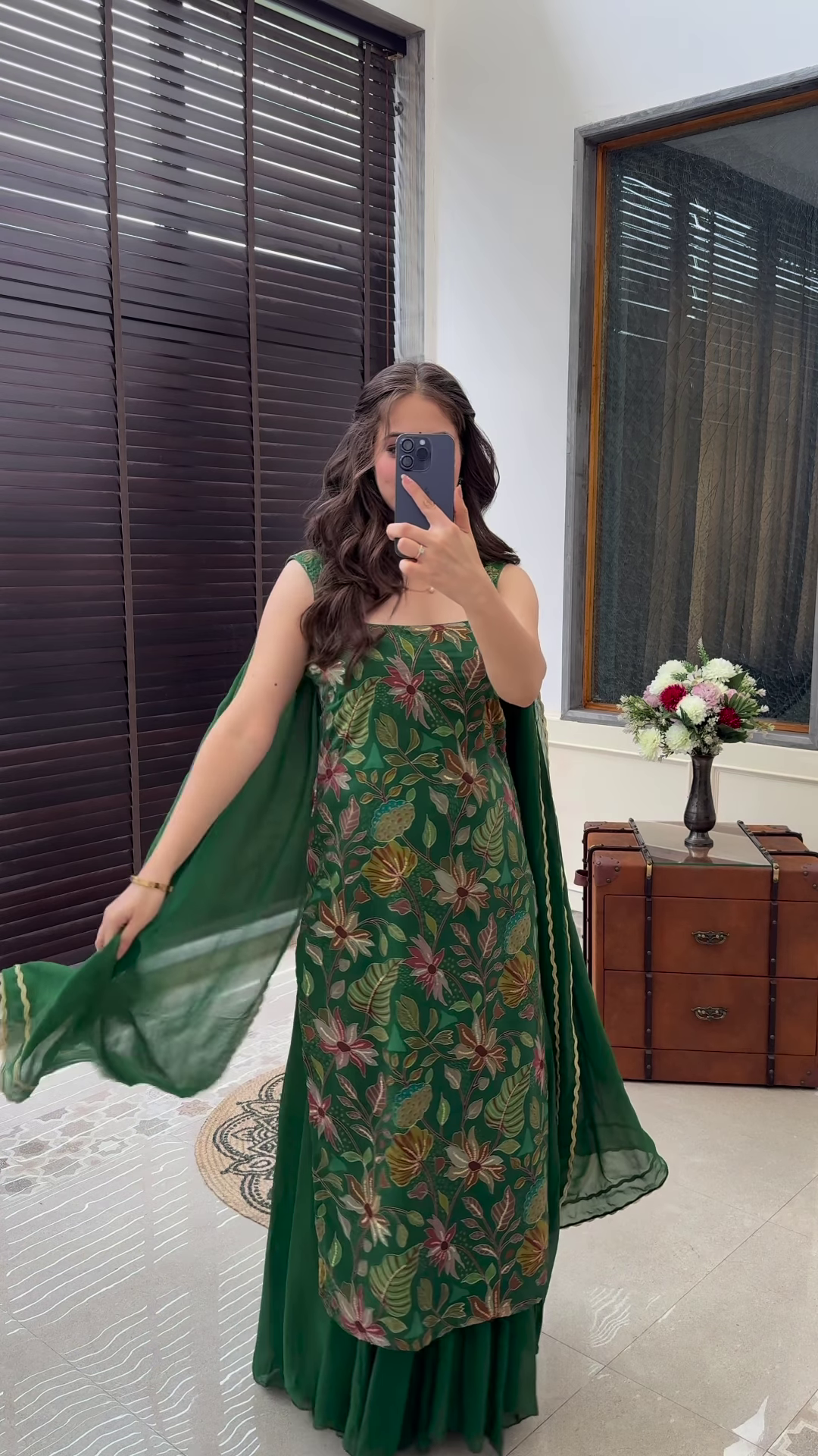 Forest Green Floral Embroidered Sharara Set with Organza Dupatta