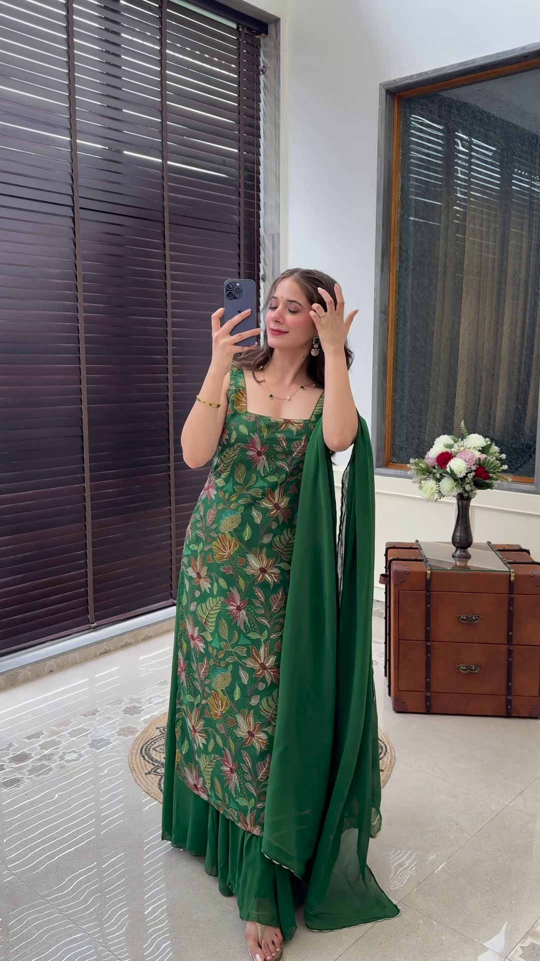 Forest Green Floral Embroidered Sharara Set with Organza Dupatta - Image 2