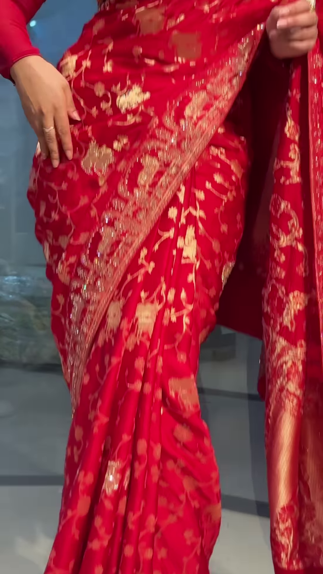 Royal Crimson Silk Saree with Antique Gold Floral Vine Zari Work - Image 2