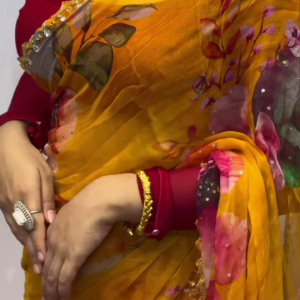 Mustard Gold Floral Chiffon Saree with Hand-Embellished Scalloped Borders