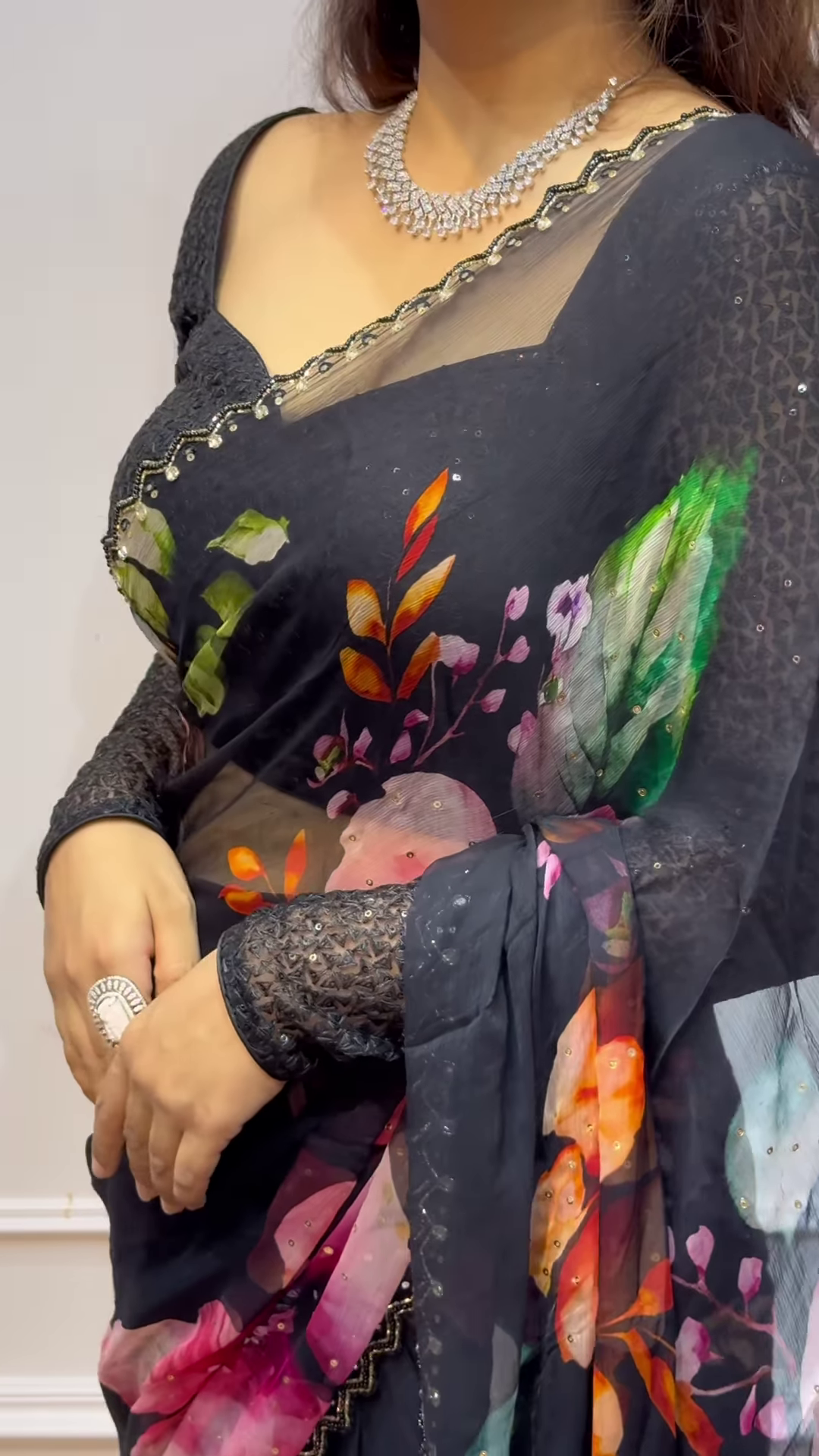 1. Midnight Garden Floral Organza Saree with Sequin Border