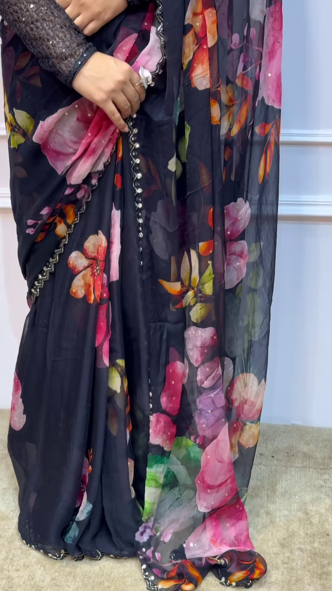 1. Midnight Garden Floral Organza Saree with Sequin Border - Image 3