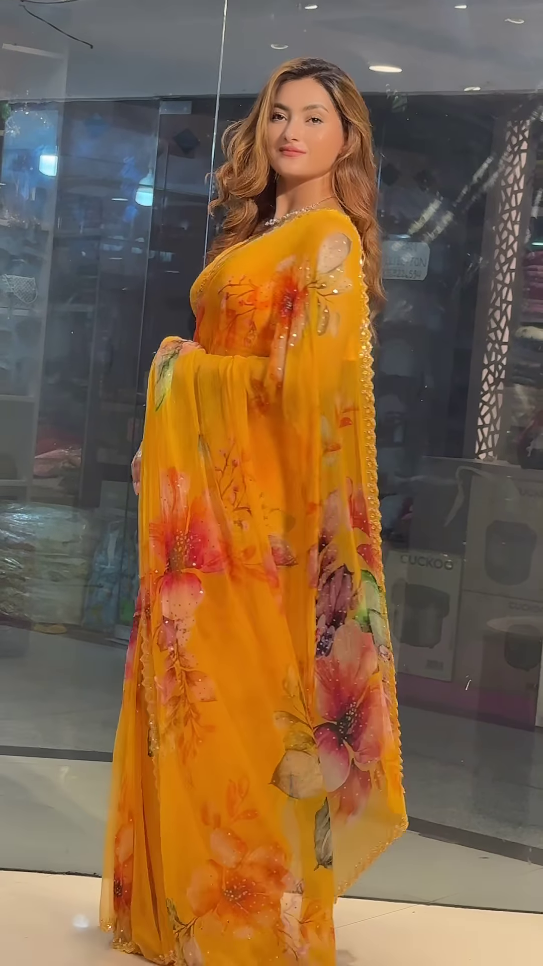 Crimson Floral Dream: Hand-Painted Chiffon Saree with Sequin Border - Image 3