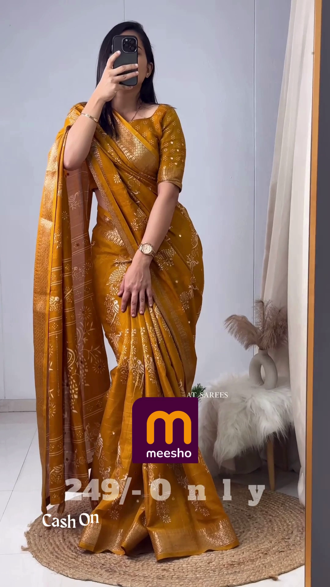 Elegant Mustard Gold Floral Chiffon Saree with Hand-Embellished Scalloped Borders - Image 4