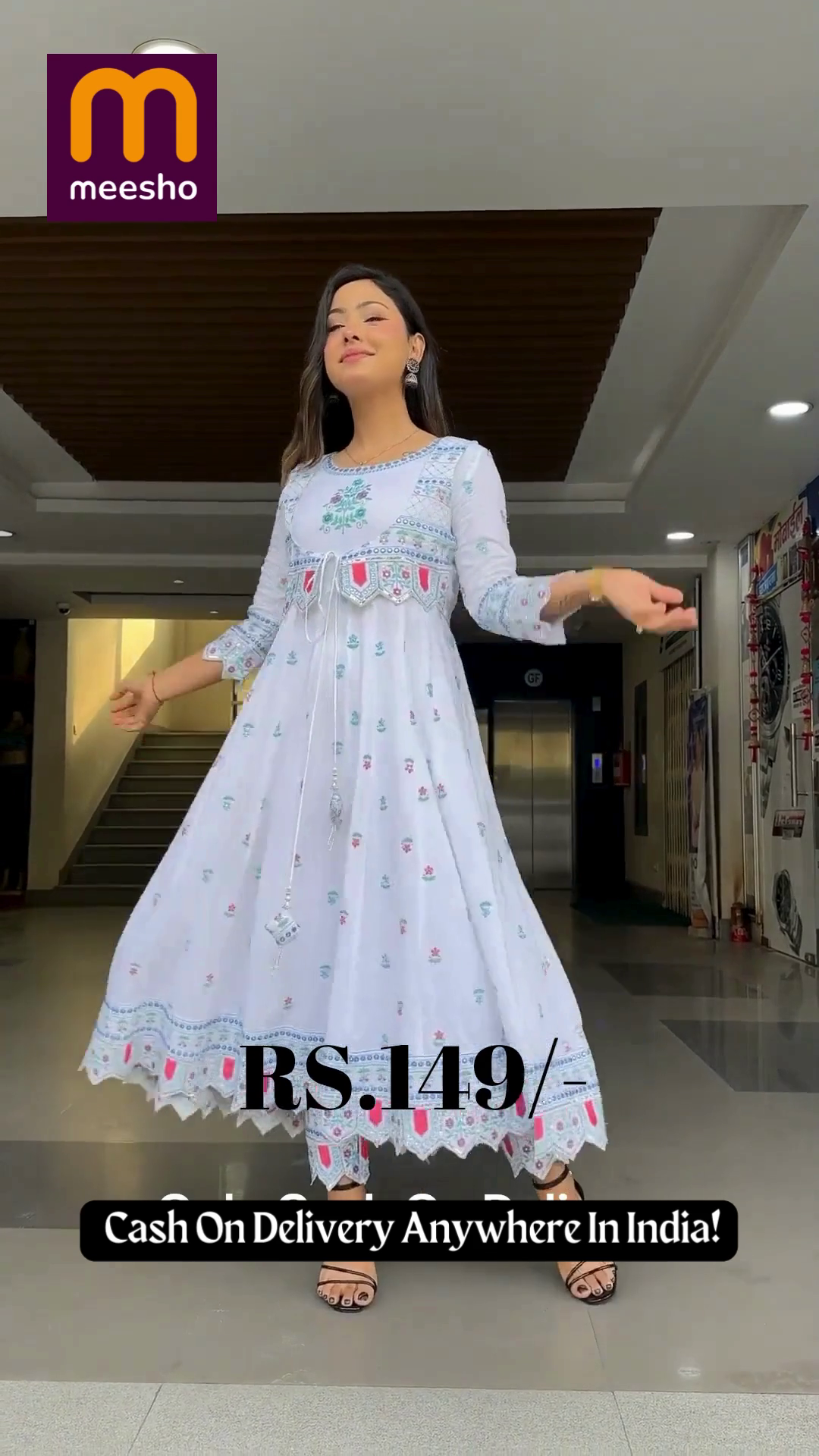 White Anarkali Kurta with Embroidered Mirror-Work Jacket