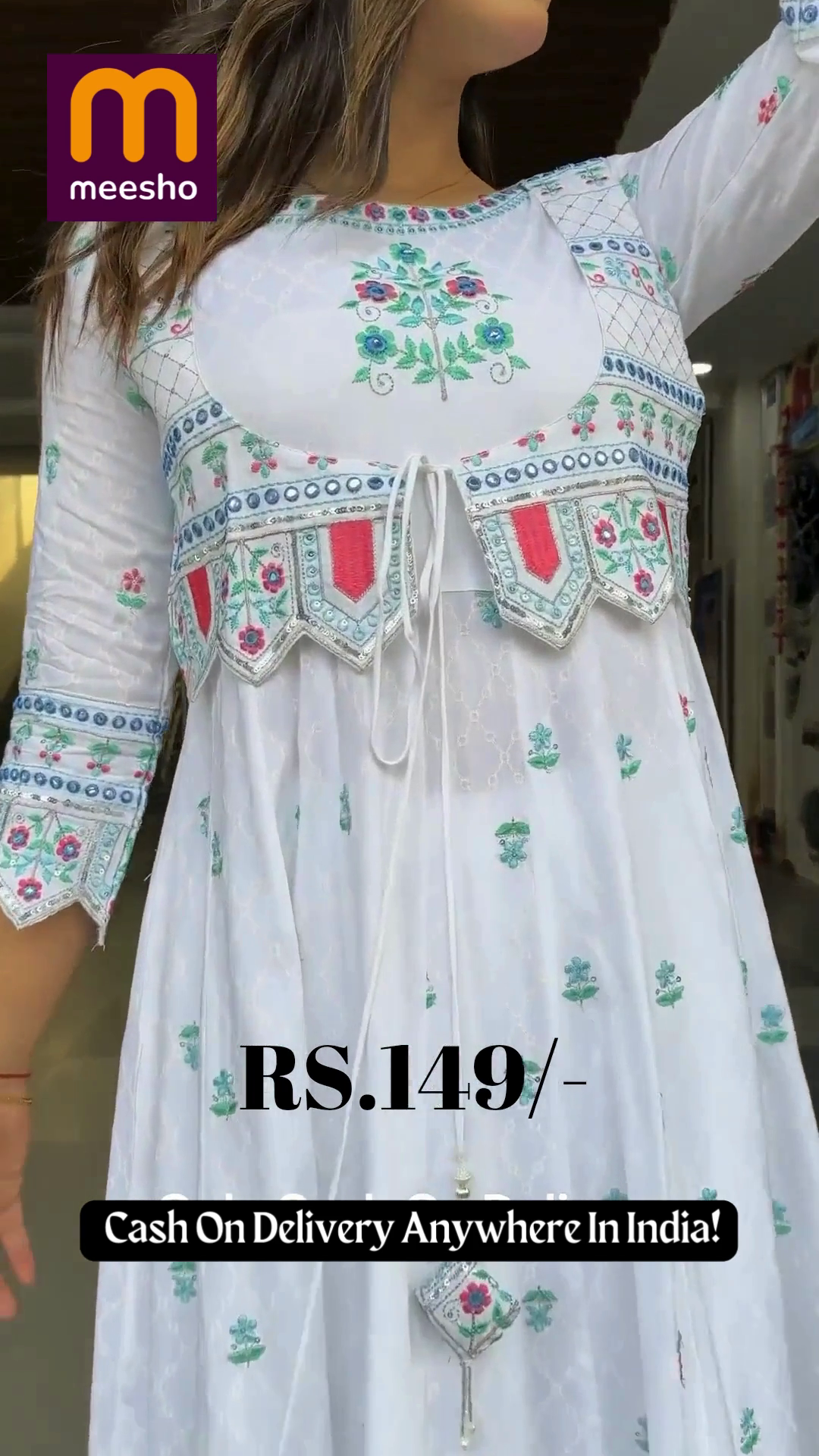 White Anarkali Kurta with Embroidered Mirror-Work Jacket - Image 2