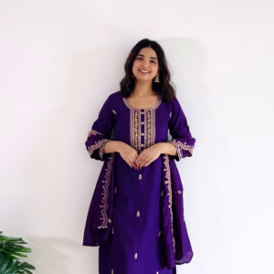 Deep Royal Purple Silk Suit with Ornate Gold Zari Embroidery and Straight Pants - Elegant Party Wear