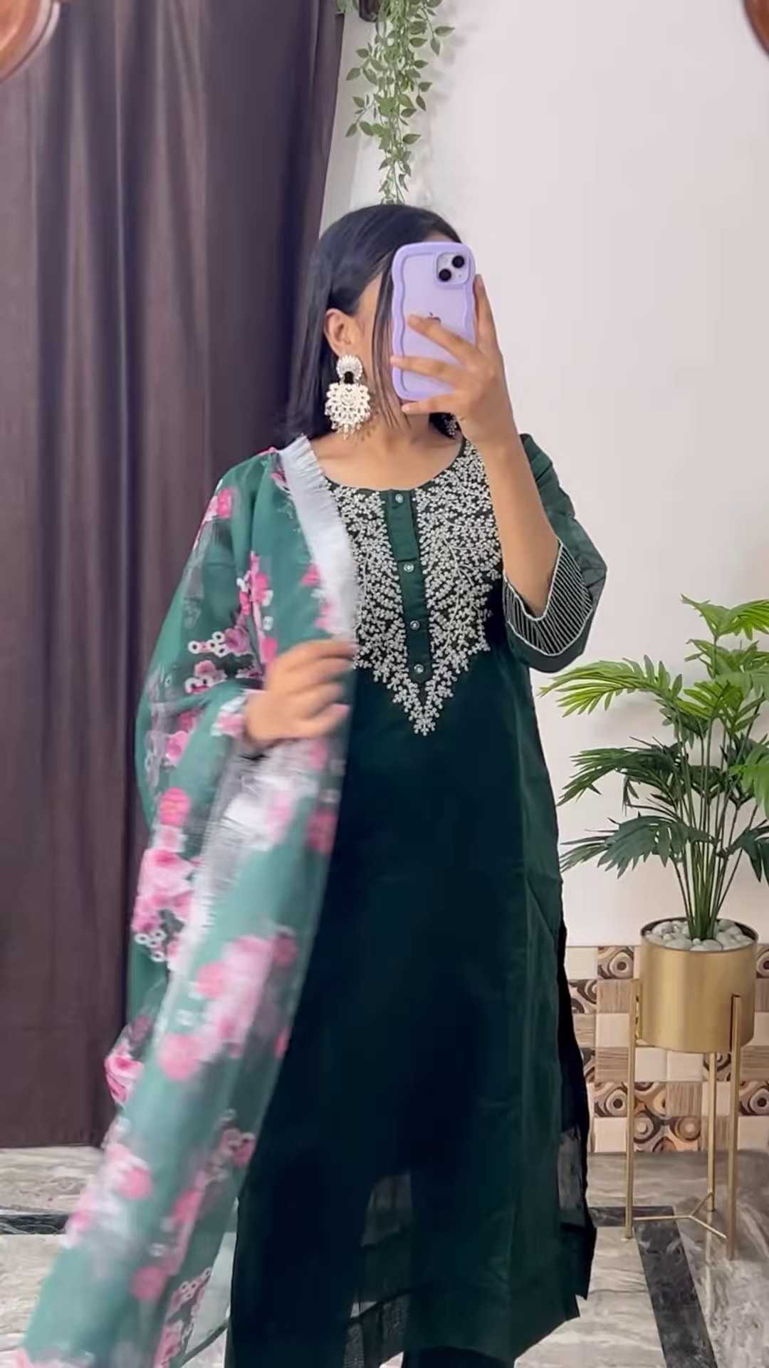 Elegant Dark Teal Green Kurta with White Floral Embroidery and Printed Organza Dupatta - Chic Ethnic Set - Image 11
