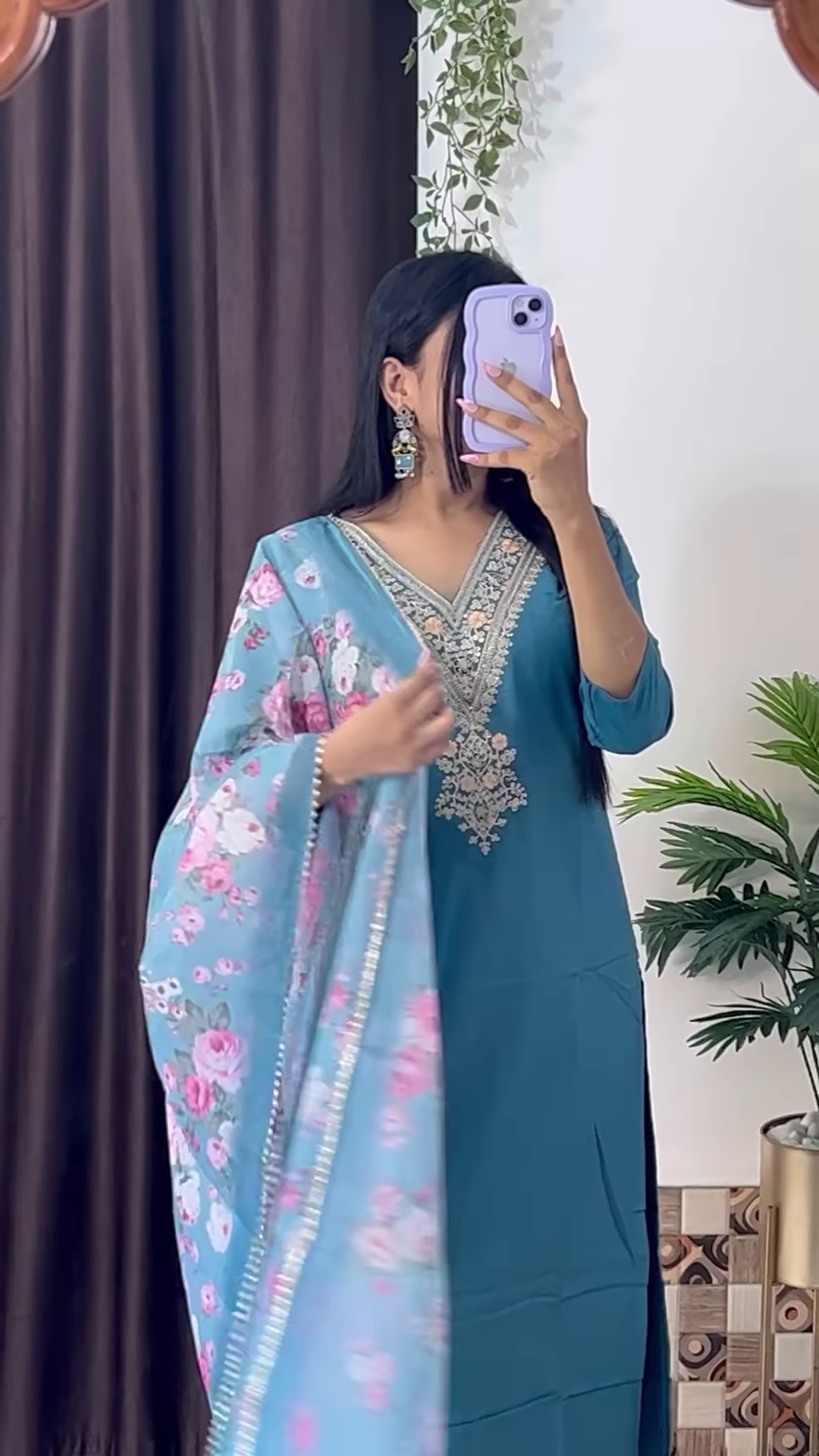 Elegant Dark Teal Green Kurta with White Floral Embroidery and Printed Organza Dupatta - Chic Ethnic Set - Image 8