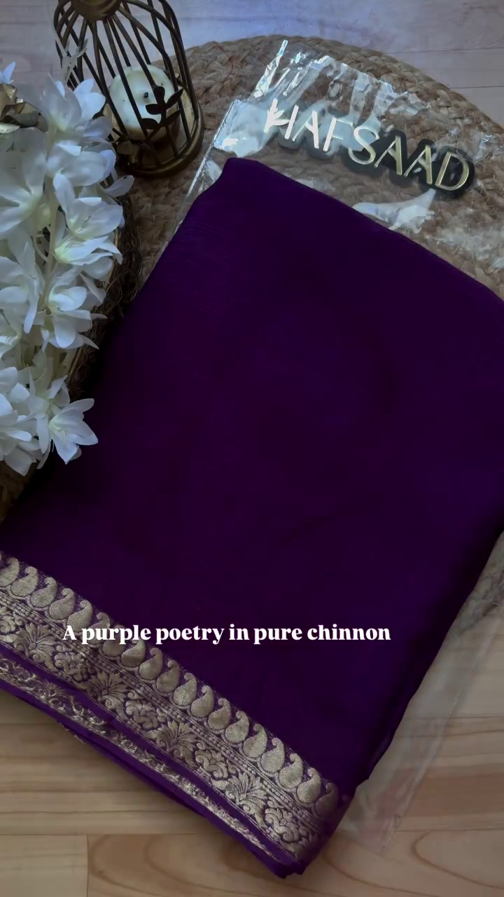 Royal Deep Purple Pure Chinnon Saree with Ornate Gold Zari Paisley Border - Traditional Festive Collection - Image 4