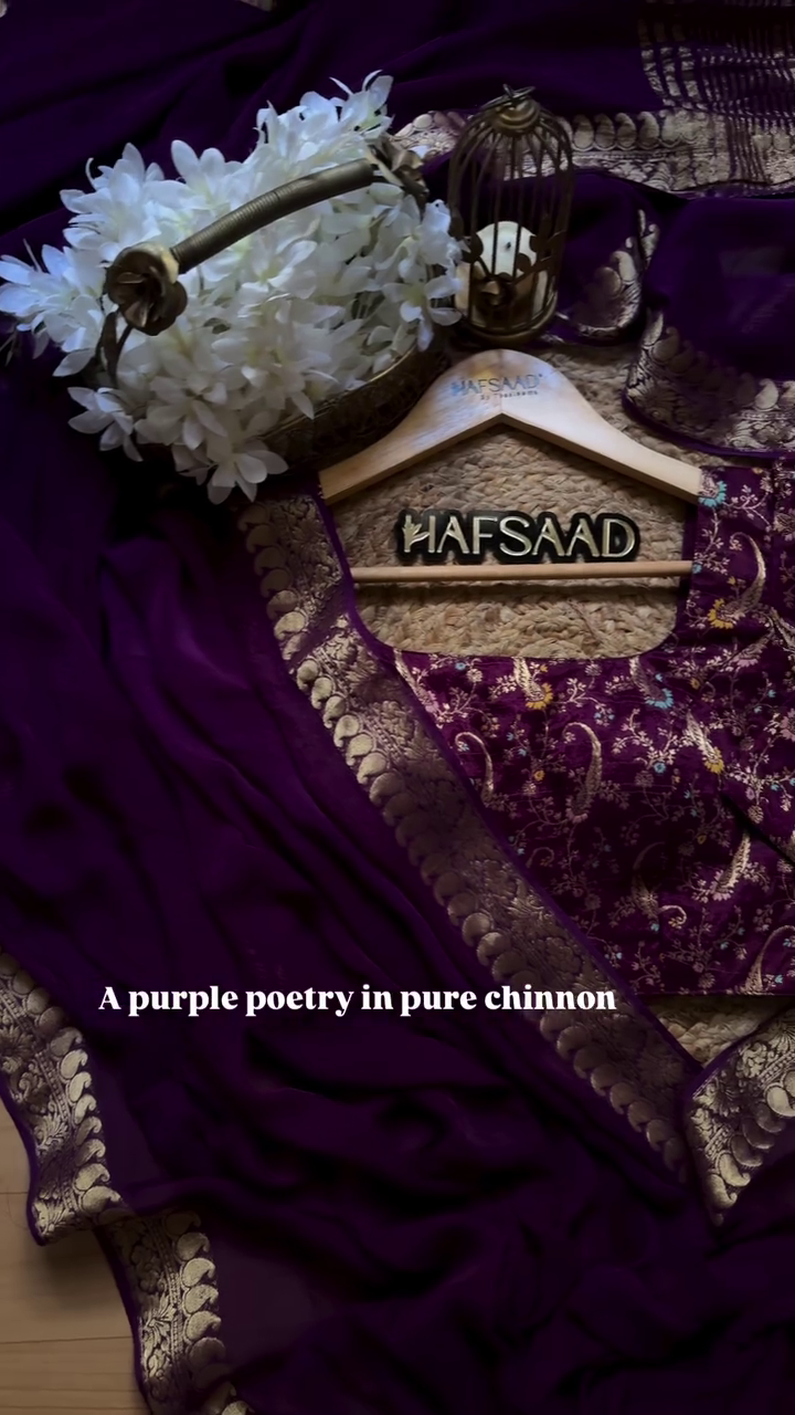 Royal Deep Purple Pure Chinnon Saree with Ornate Gold Zari Paisley Border - Traditional Festive Collection - Image 5