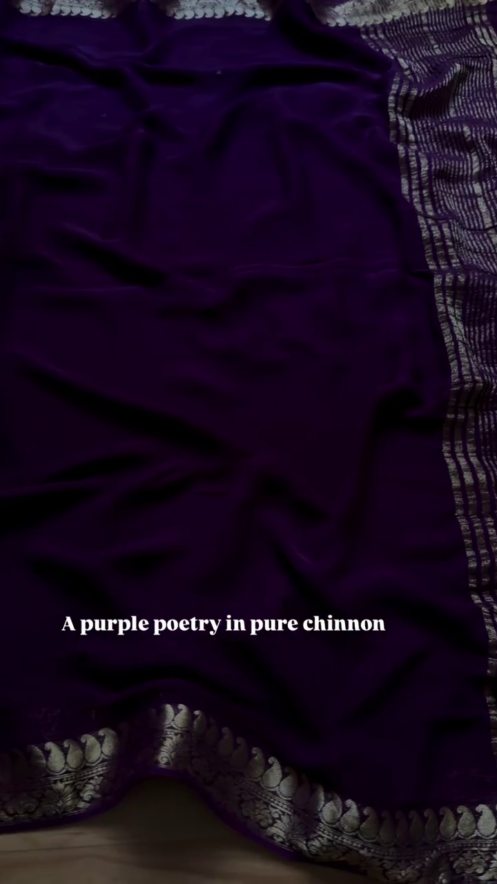 Royal Deep Purple Pure Chinnon Saree with Ornate Gold Zari Paisley Border - Traditional Festive Collection - Image 3