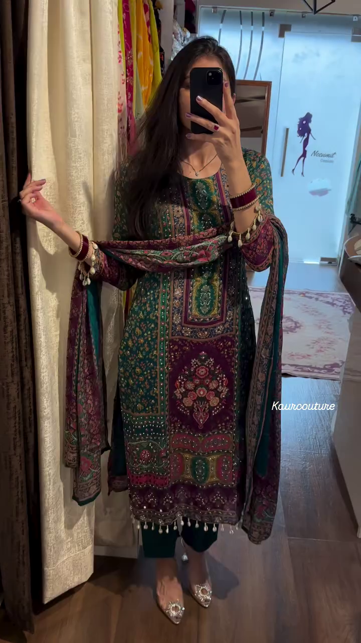 Dark Teal Green Ethnic Suit Set with Ornate Multi-Color Prints and Mirror Work Dupatta - Festive Wear - Image 3
