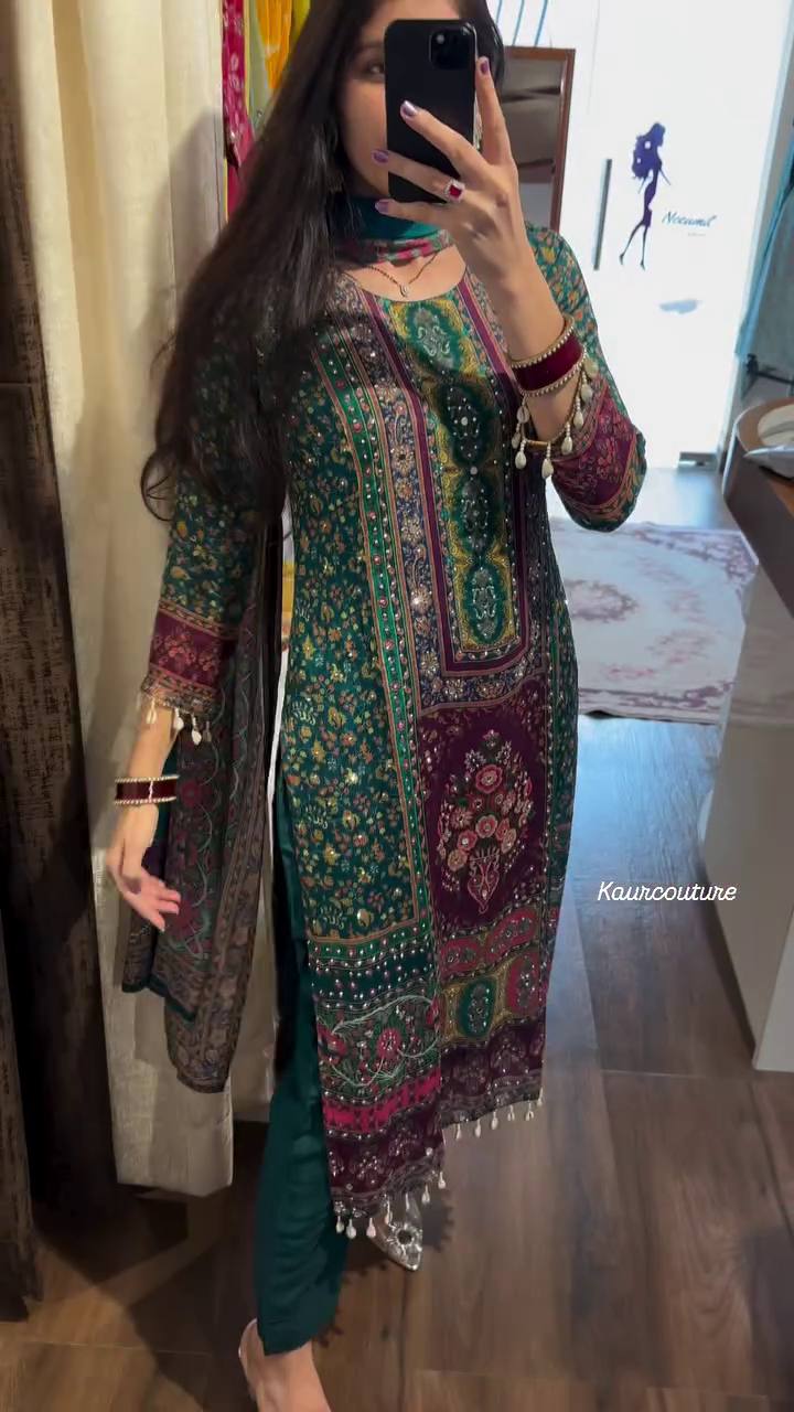 Dark Teal Green Ethnic Suit Set with Ornate Multi-Color Prints and Mirror Work Dupatta - Festive Wear