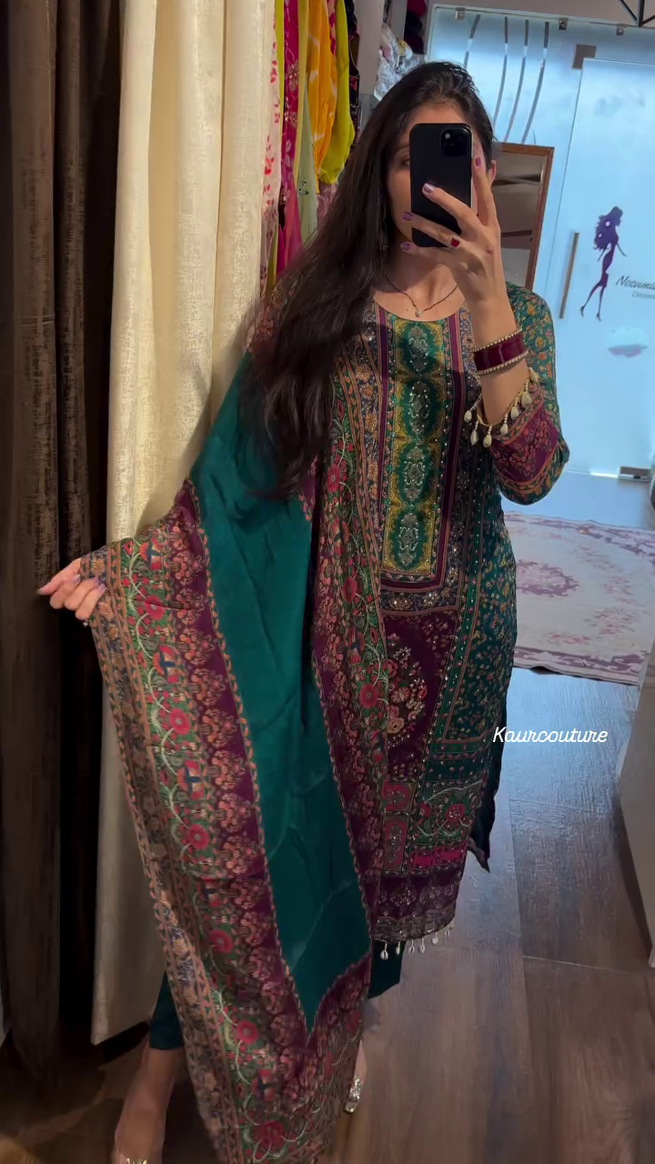 Dark Teal Green Ethnic Suit Set with Ornate Multi-Color Prints and Mirror Work Dupatta - Festive Wear - Image 2