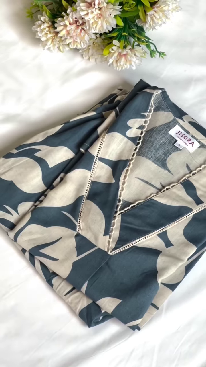 Dark Charcoal and Beige Leaf Print V-Neck Kaftan Kurta with Lace Bordering - Chic Resort & Ethnic Wear - Image 4