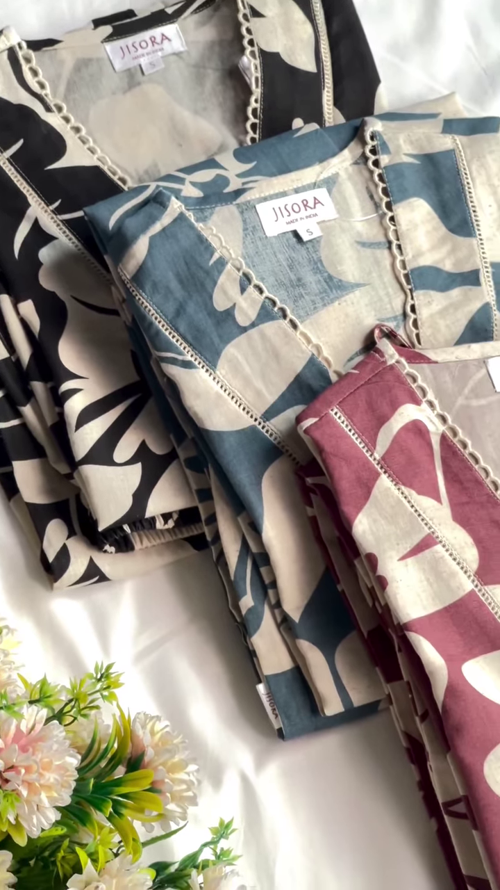 Dark Charcoal and Beige Leaf Print V-Neck Kaftan Kurta with Lace Bordering - Chic Resort & Ethnic Wear - Image 3