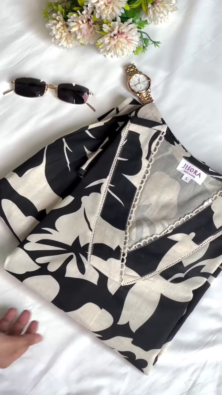 Dark Charcoal and Beige Leaf Print V-Neck Kaftan Kurta with Lace Bordering - Chic Resort & Ethnic Wear