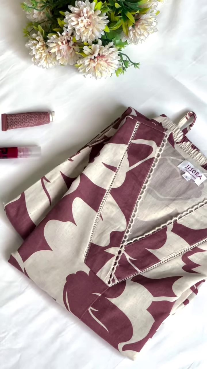 Dark Charcoal and Beige Leaf Print V-Neck Kaftan Kurta with Lace Bordering - Chic Resort & Ethnic Wear - Image 2