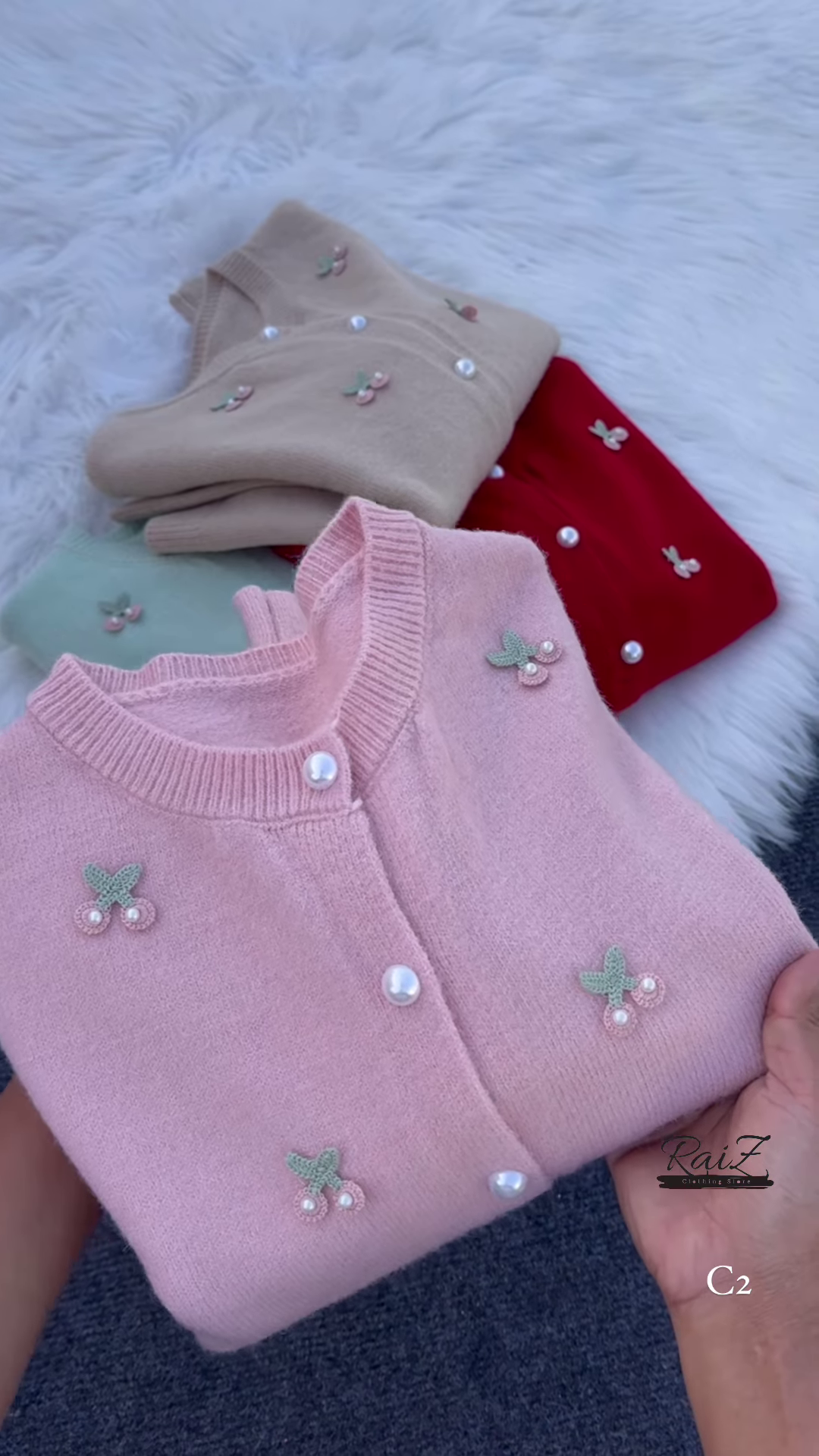 Pastel Cherry Embroidered Button-Down Cardigans with Pearl Buttons - Aesthetic Winter Knitwear Collection - Image 7