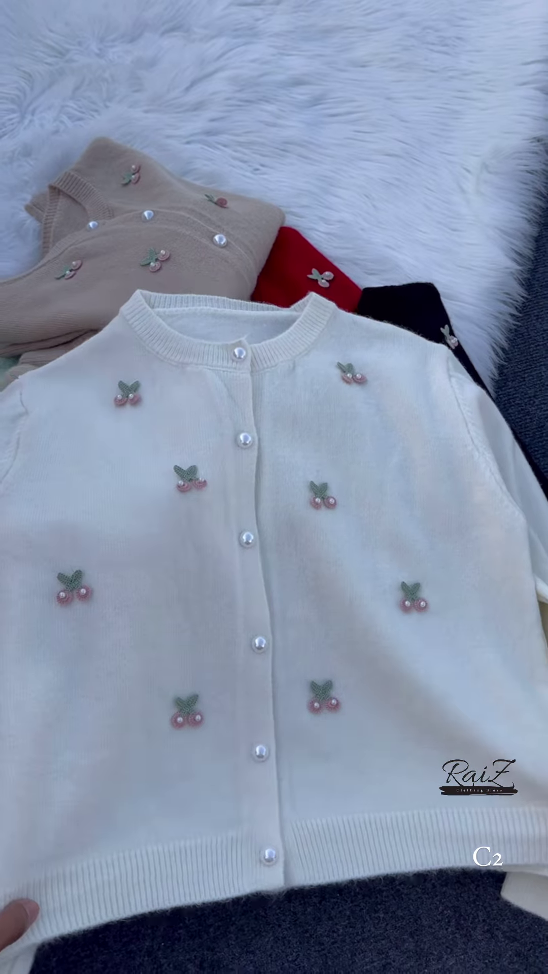 Pastel Cherry Embroidered Button-Down Cardigans with Pearl Buttons - Aesthetic Winter Knitwear Collection - Image 6