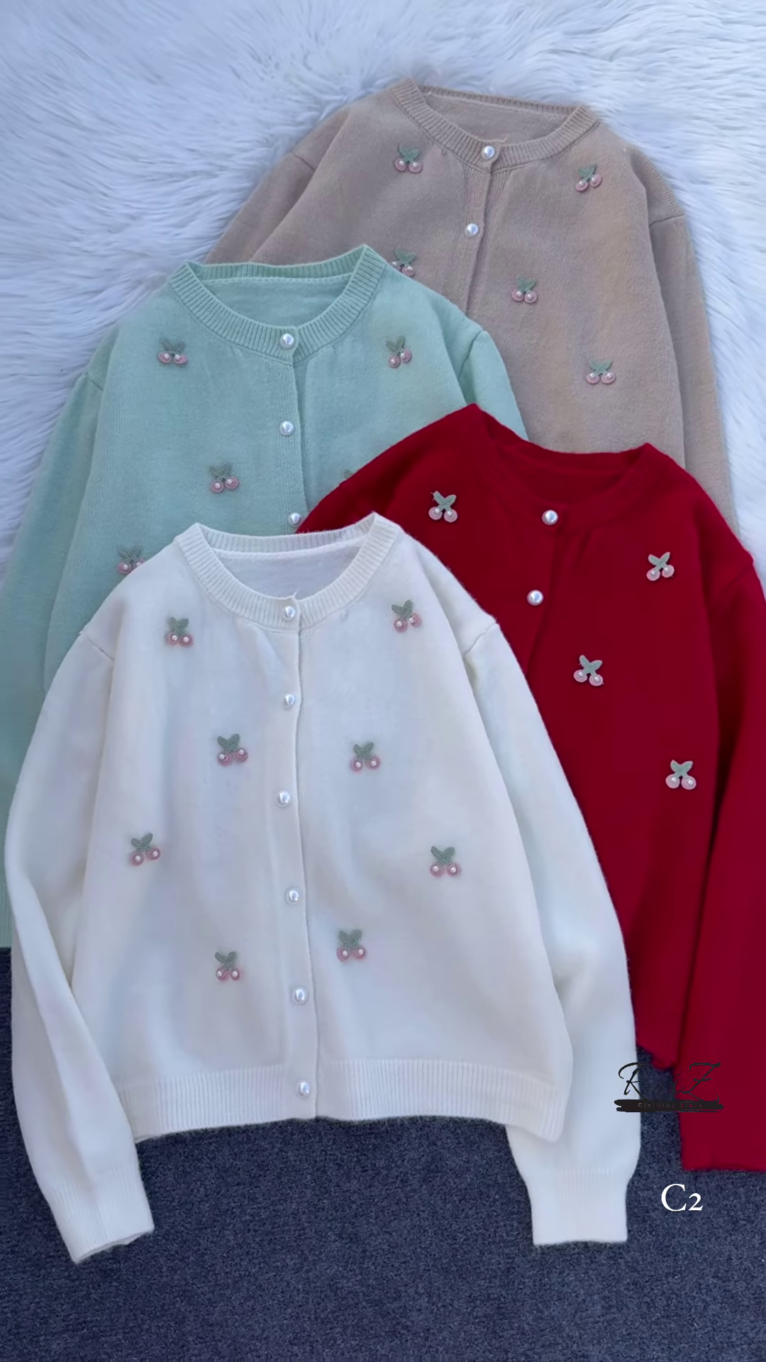 Pastel Cherry Embroidered Button-Down Cardigans with Pearl Buttons - Aesthetic Winter Knitwear Collection