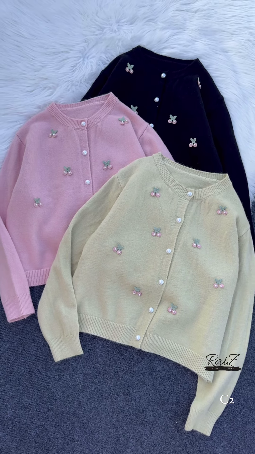 Pastel Cherry Embroidered Button-Down Cardigans with Pearl Buttons - Aesthetic Winter Knitwear Collection - Image 5