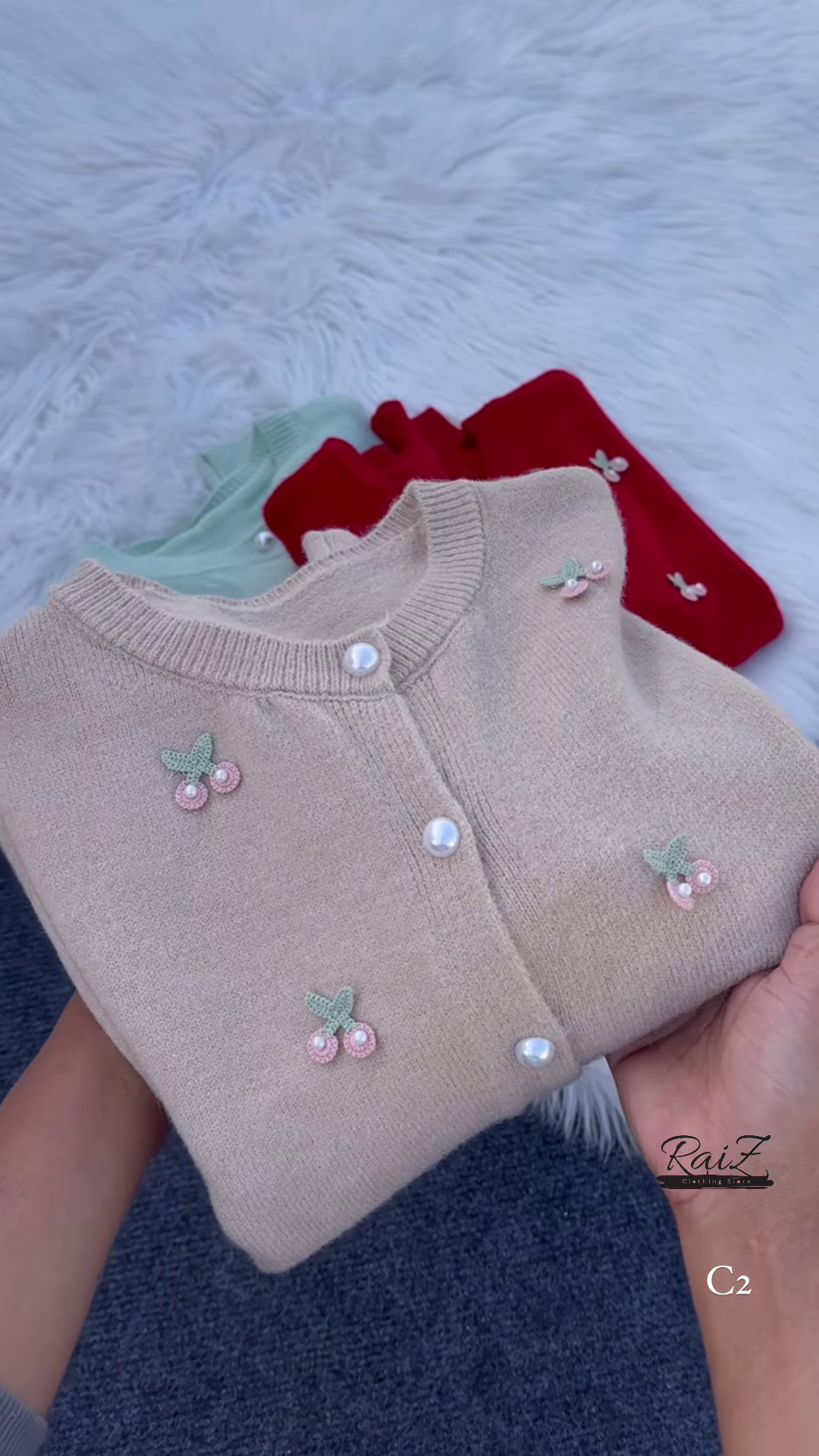 Pastel Cherry Embroidered Button-Down Cardigans with Pearl Buttons - Aesthetic Winter Knitwear Collection - Image 2