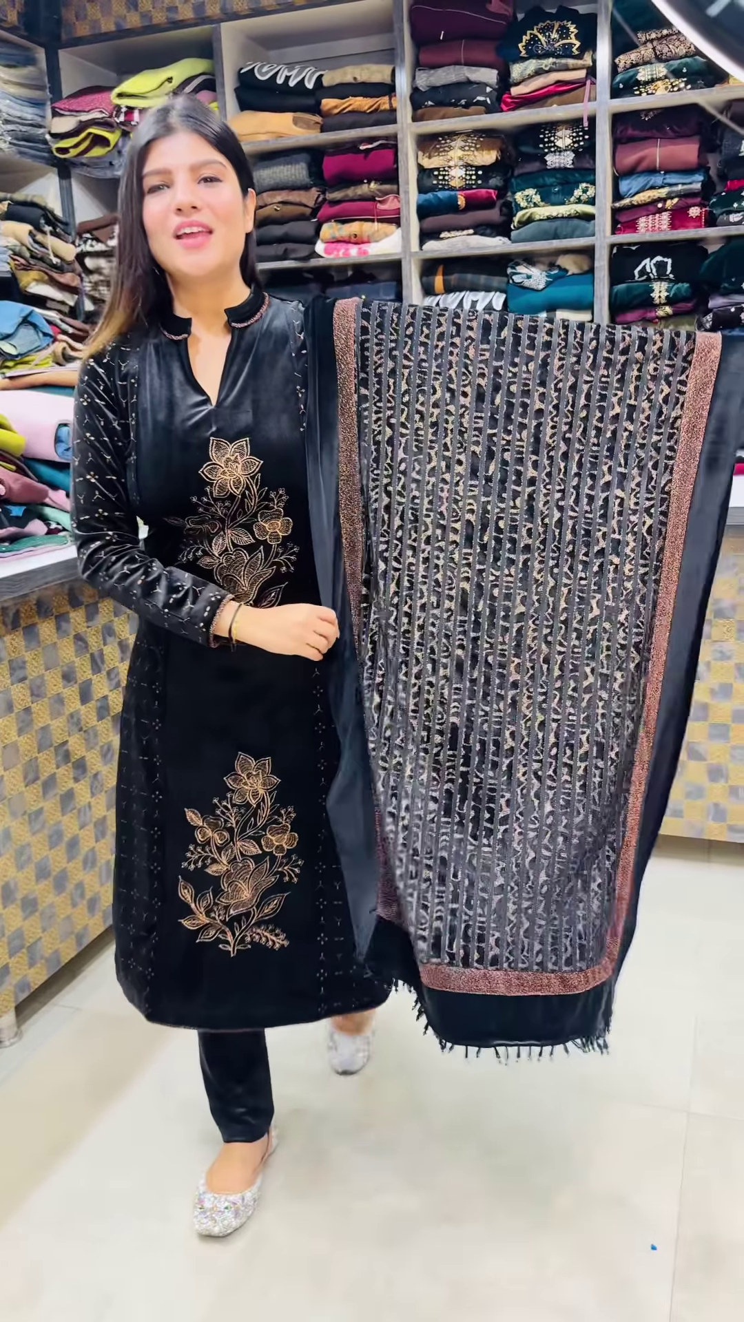 Luxury Black Velvet Kurta with Gold Floral Embroidery and Matching Sheer Dupatta – Elegant Evening Suit - Image 2