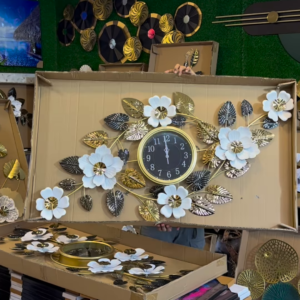 Luxury Large-Scale Floral Wall Clock with Gold and Silver Leaf Accents – Designer Home Decor Statement Piece