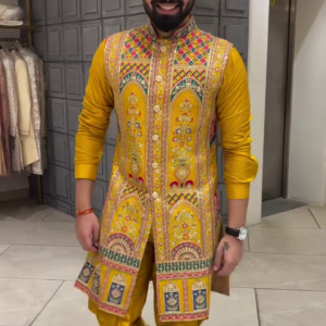 Royal Mustard Yellow Silk-Blend Sherwani for Men with Intricate Multi-Color Embroidery and Mirror Work - Premium Wedding Wear