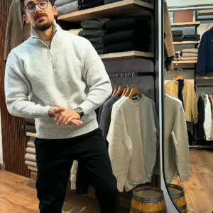 Men’s Premium Ribbed Half-Zip Sweater in Oatmeal Beige - Textured Winter Knitwear for a Polished Look150