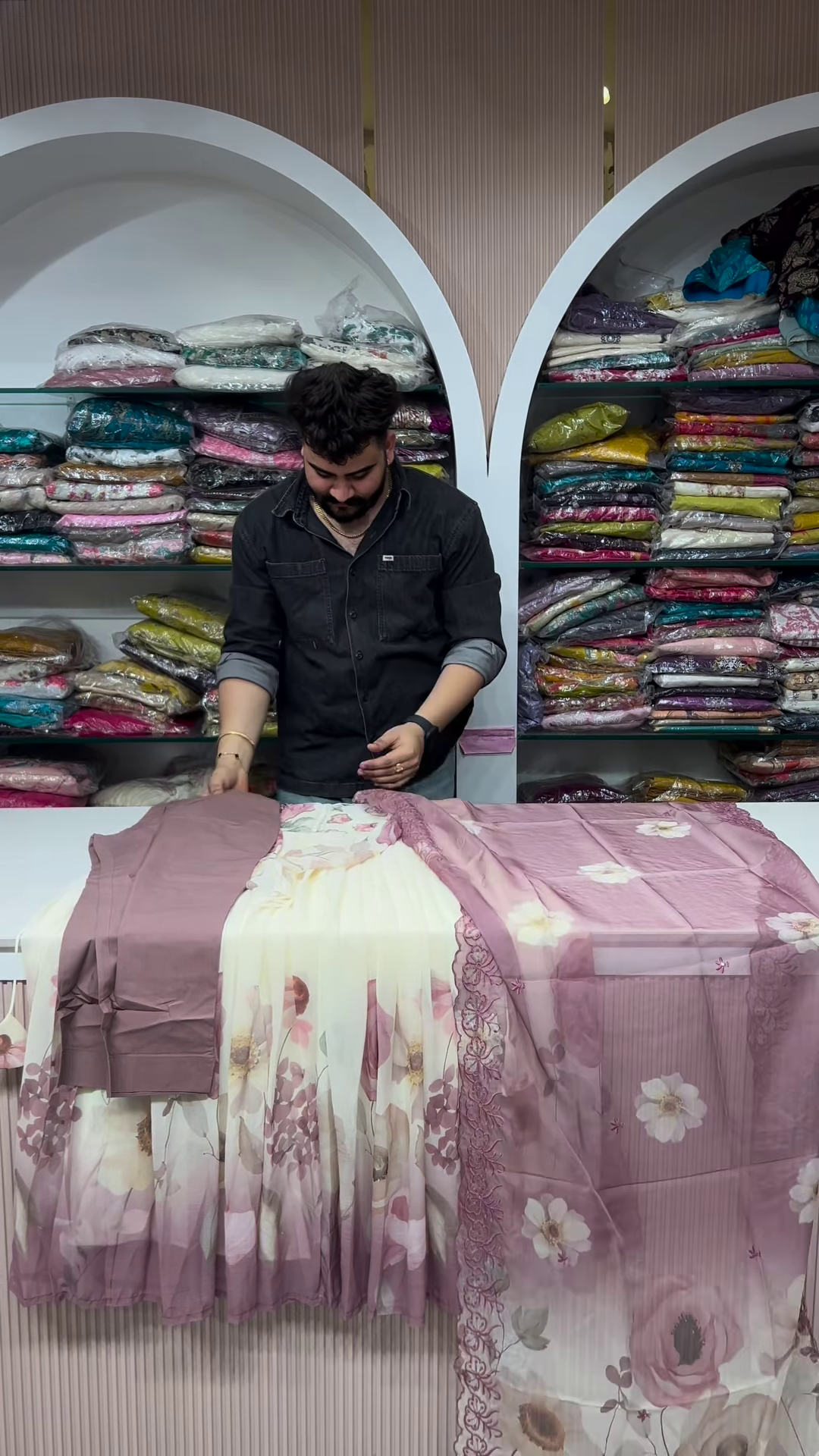 Sophisticated Mauve and Cream Floral Print Suit Set with Ornate Sequin Border - Designer Ethnic Ensemble - Image 2