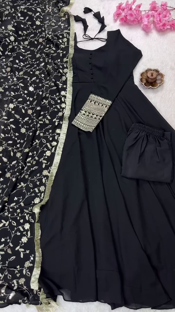 Classic Black Three-Piece Suit with Ornate Silver Zari Sleeve Detailing and Embroidered Dupatta - Sophisticated Evening Wear