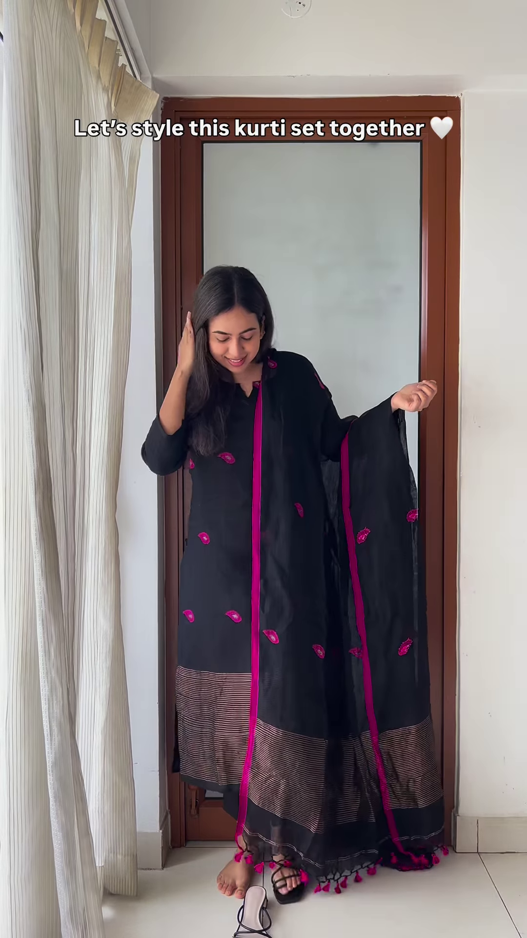 Elegant Black Kurti Set with Vibrant Pink Embroidery - Stylish Women's Ethnic Wear