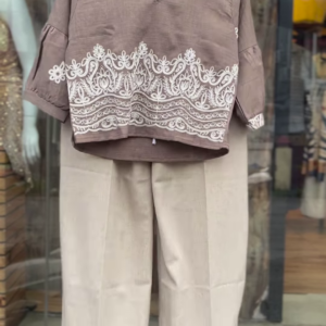 Elegant Taupe Co-ord Set with White Embroidered Details - Women's Casual Chic Outfit